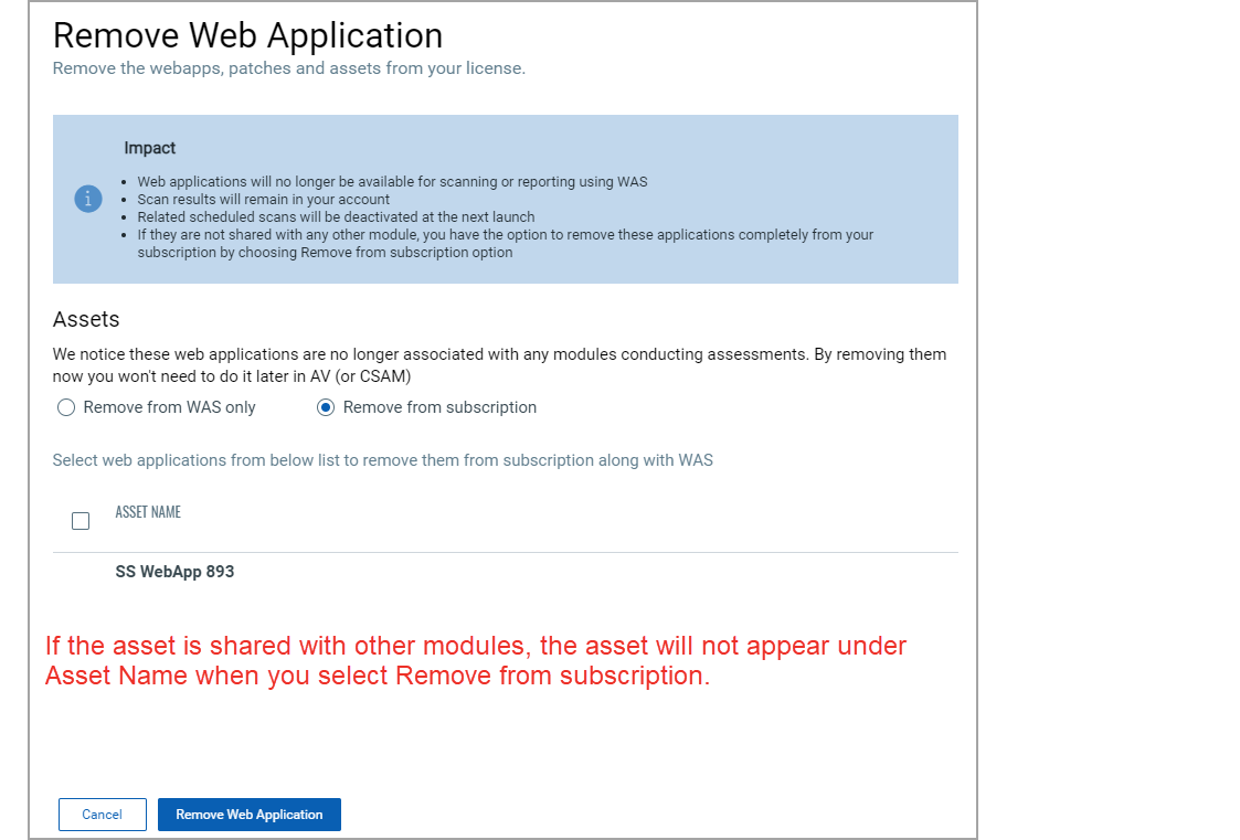 Image of Delete Web Application screen with Remove Asset option selected.